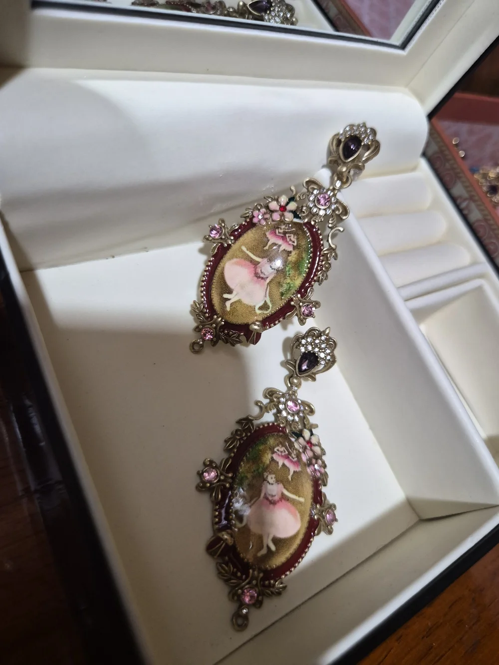 Gold-Tone Pink Ballerina Cameo Drop Earrings